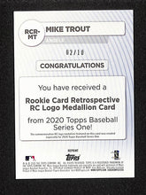 Load image into Gallery viewer, Mike Trout 2020 Topps Rookie Card Retrospective Logo Medallion Red #RCR-MT /10