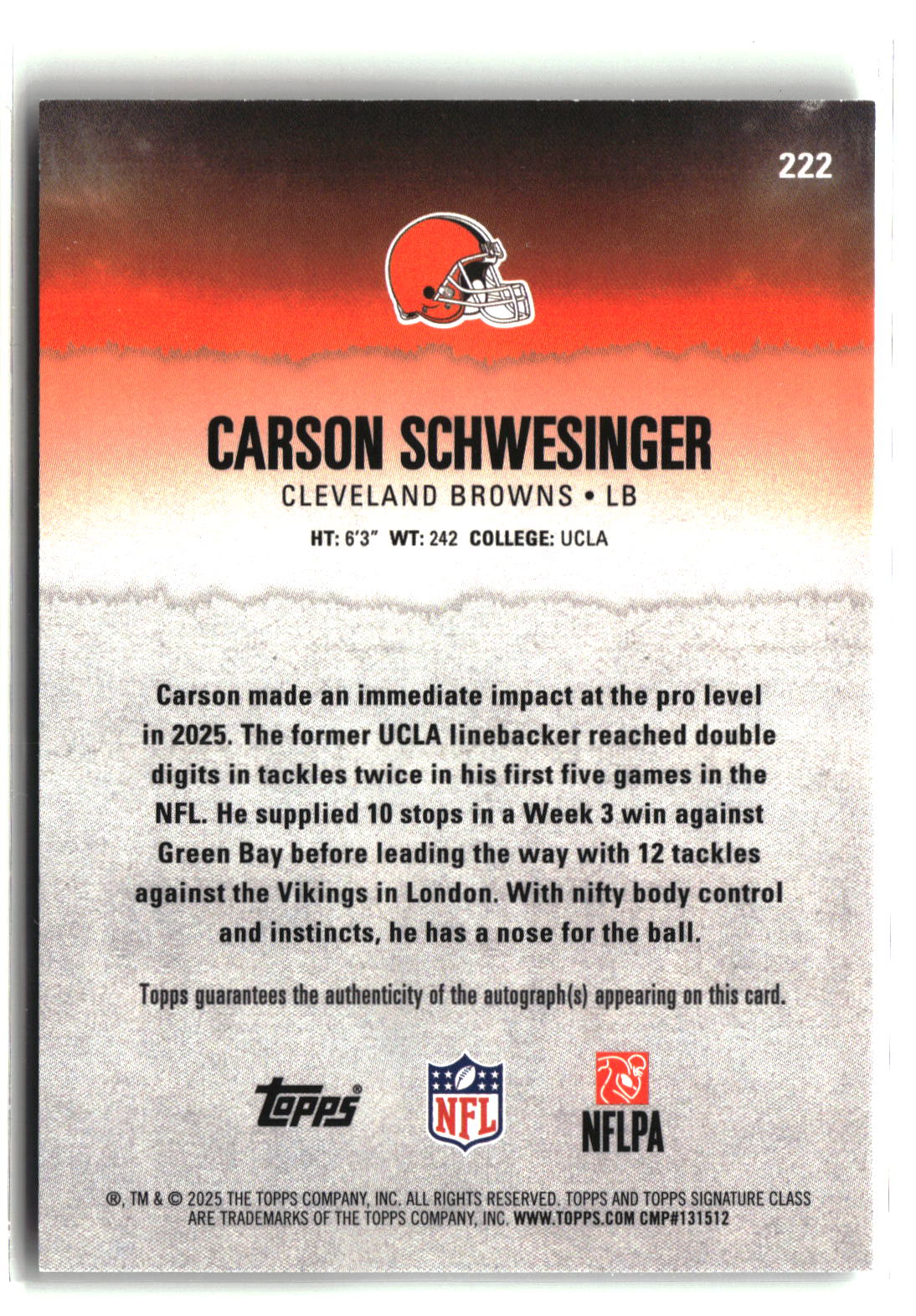 Carson Schwesinger 2025 Topps Signature Class Red Autographs #222 16/25