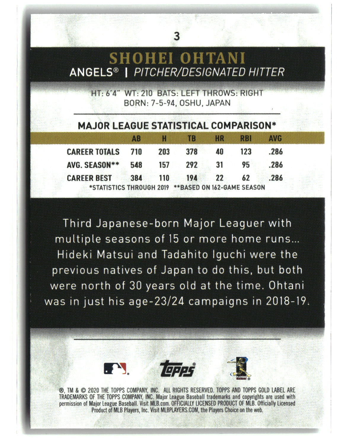 Shohei Ohtani 2020 Topps Gold Label Class #3