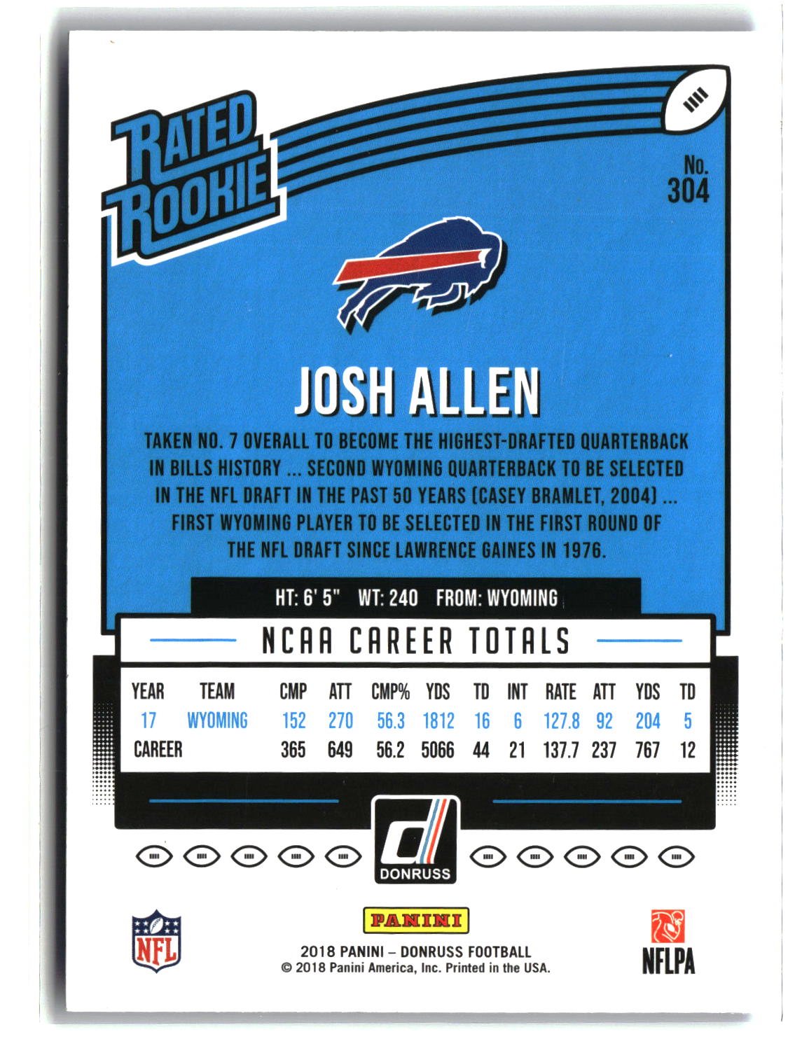 Josh Allen 2018 Panini Donruss Blue Press Proof #304
