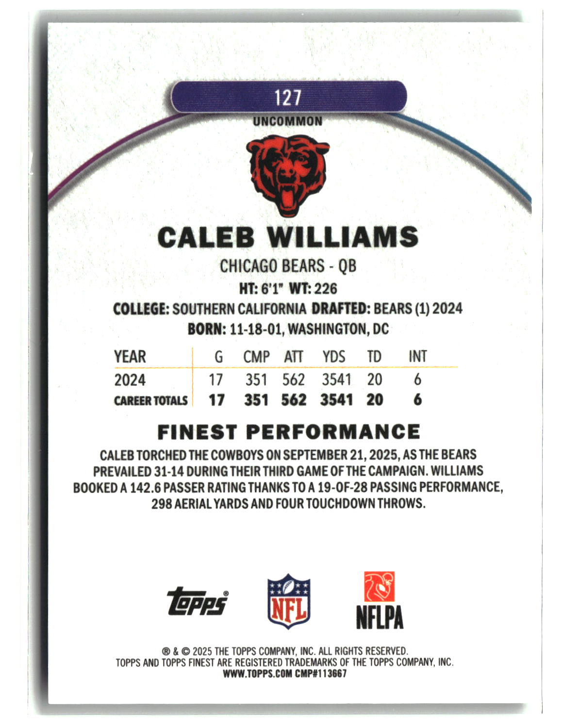 Caleb Williams 2025 Topps Finest Geometric Green Refractor #127 23/35