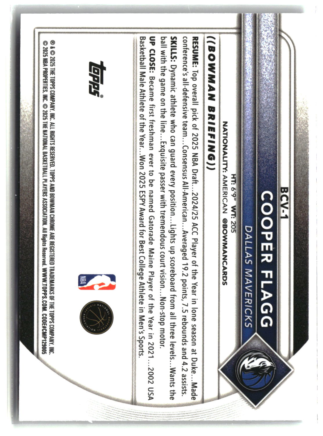 Cooper Flagg 2025 Bowman Chrome Mojo Refractor #BCV-1