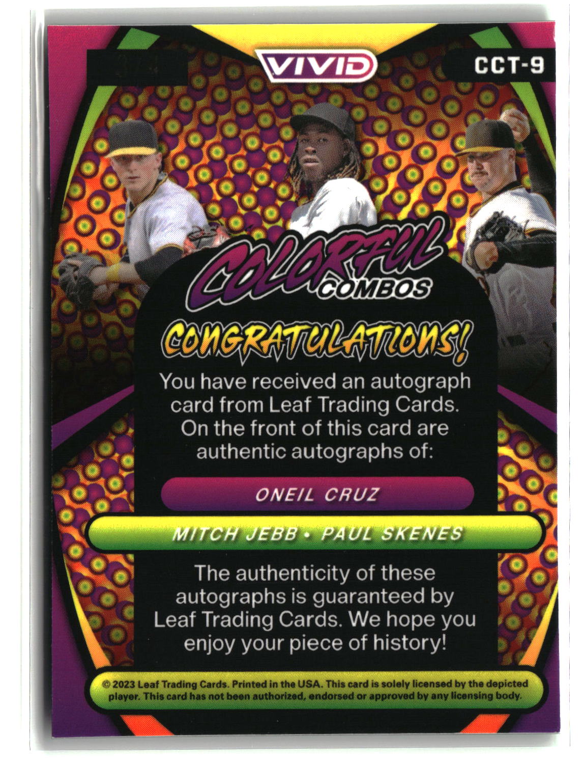 Paul Skenes Oneil Cruz Mitch Jebb 2023 Leaf Vivid Colorful Combos #CCT-9 3/4