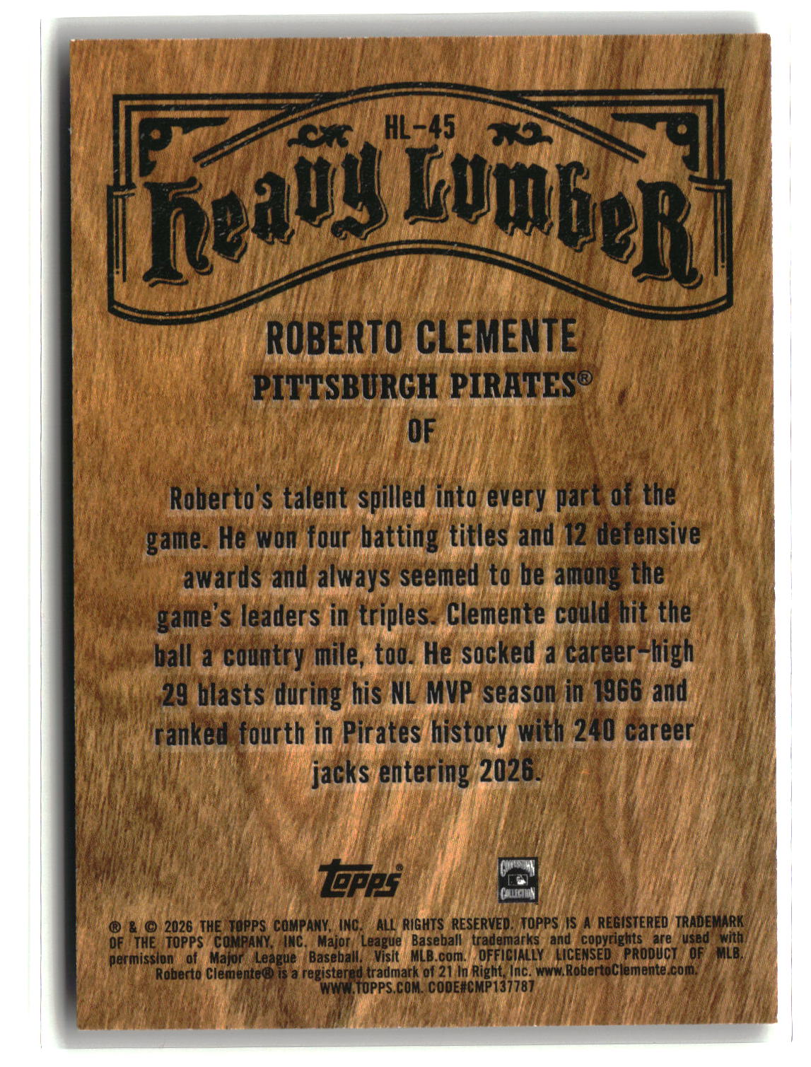 Roberto Clemente 2026 Topps Heavy Lumber #HL-45