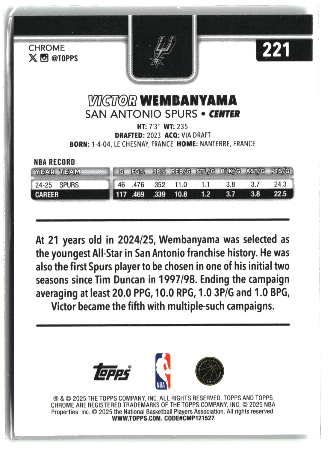 Victor Wembanyama 2025 Topps Chrome Prism Refractor #221