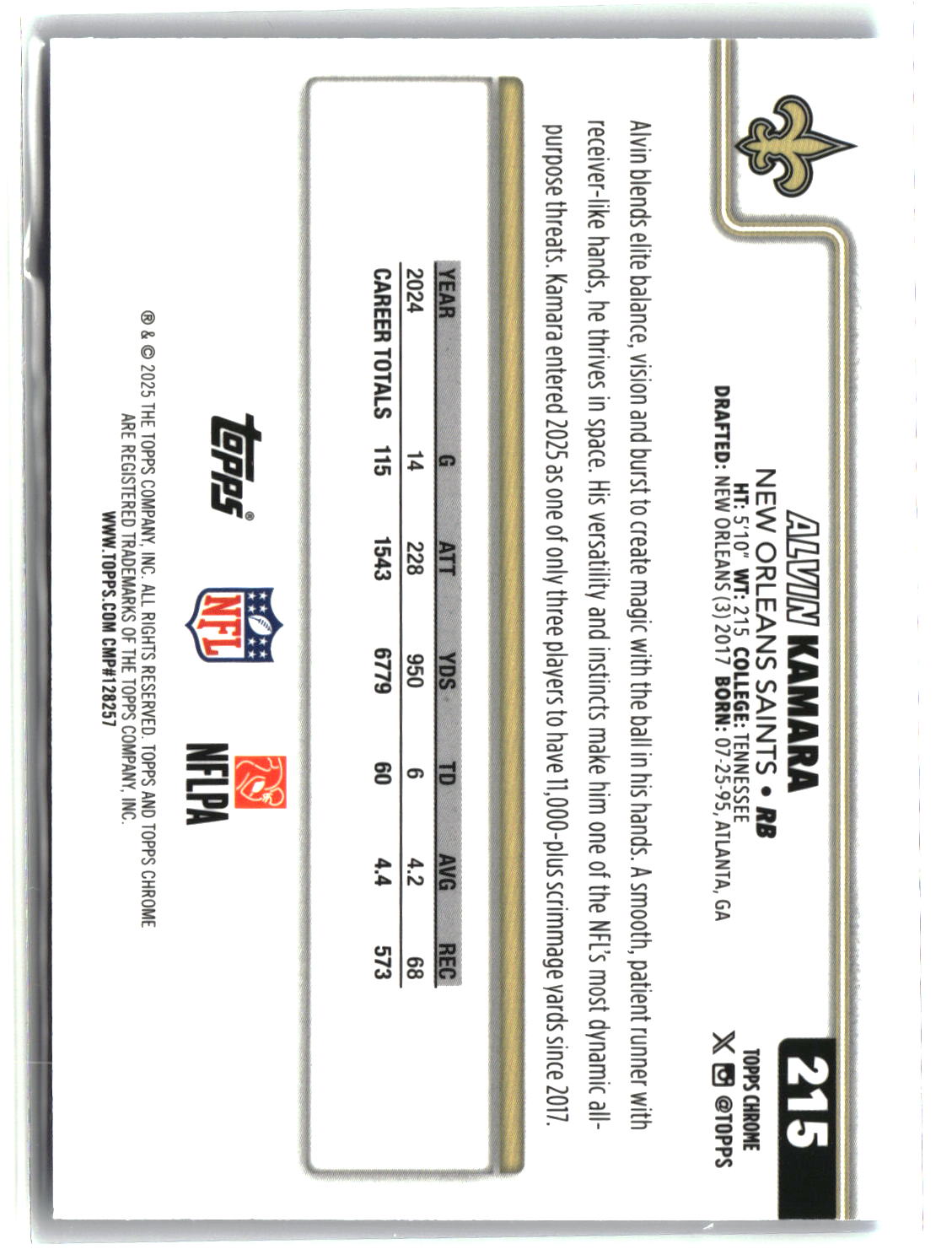 Alvin Kamara 2025 Topps Chrome Blue Wave Refractor #215 /150