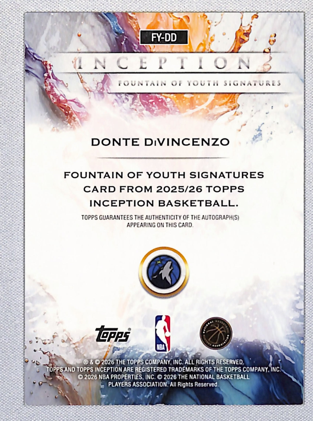 Donte DiVincenzo 2026 Topps Inception Fountain Of Youth Signature Blue FY-DD /25