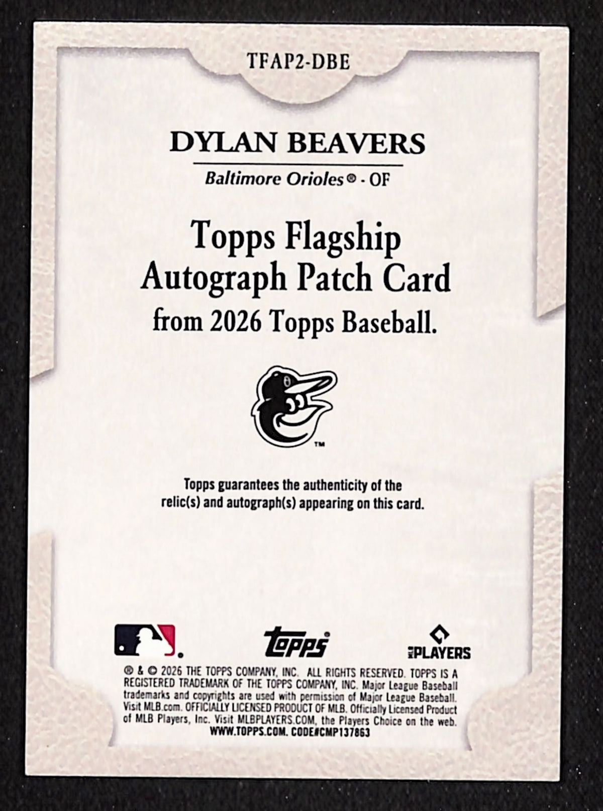 Dylan Beavers 2026 Topps Flagship Autograph Patch Card #TFAP2-DBE 44/50