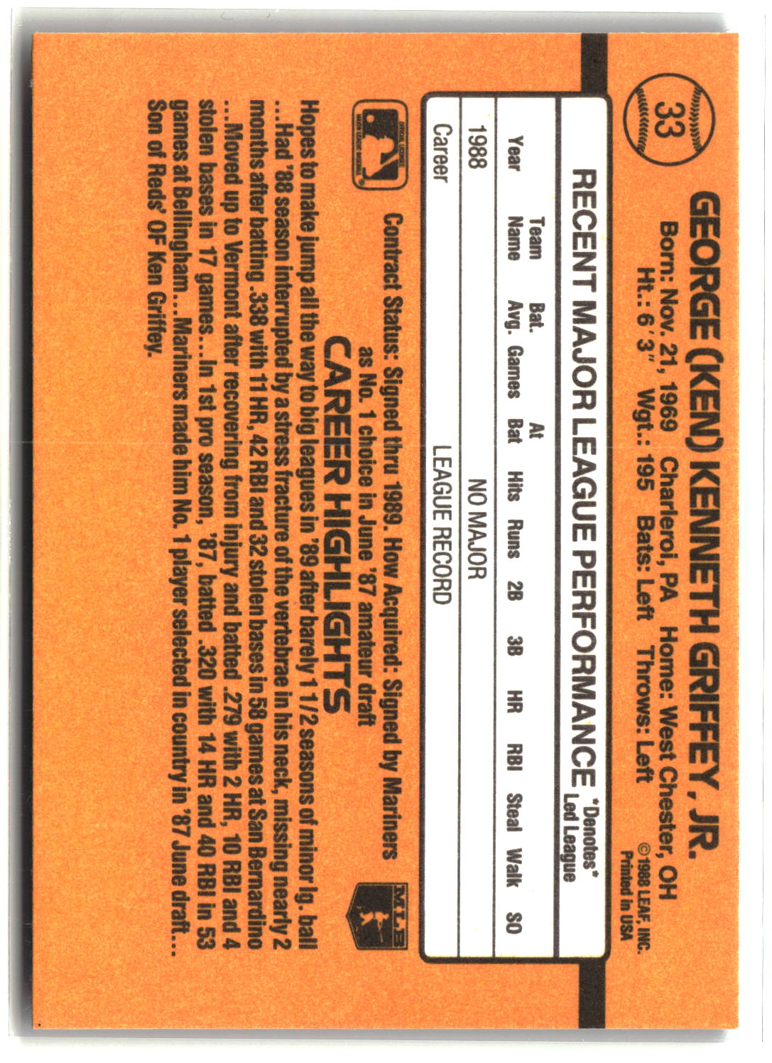 Ken Griffey Jr. 1988 Donruss #33