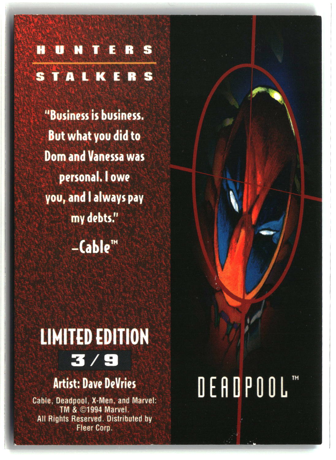 Deadpool 1994 Fleer Ultra X-Men Hunters & Stalkers #3