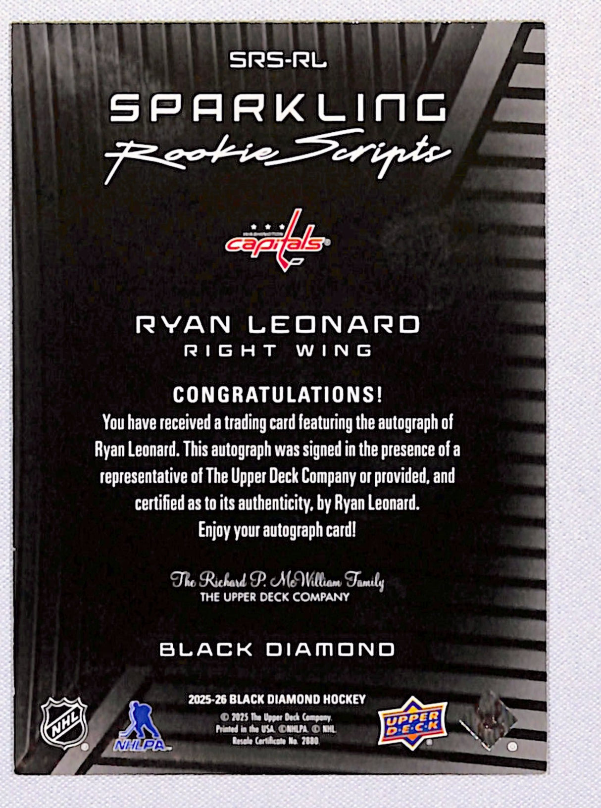 Ryan Leonard 2025 Upper Deck Black Diamond Sparkling Rookie Scripts #SRS-RL
