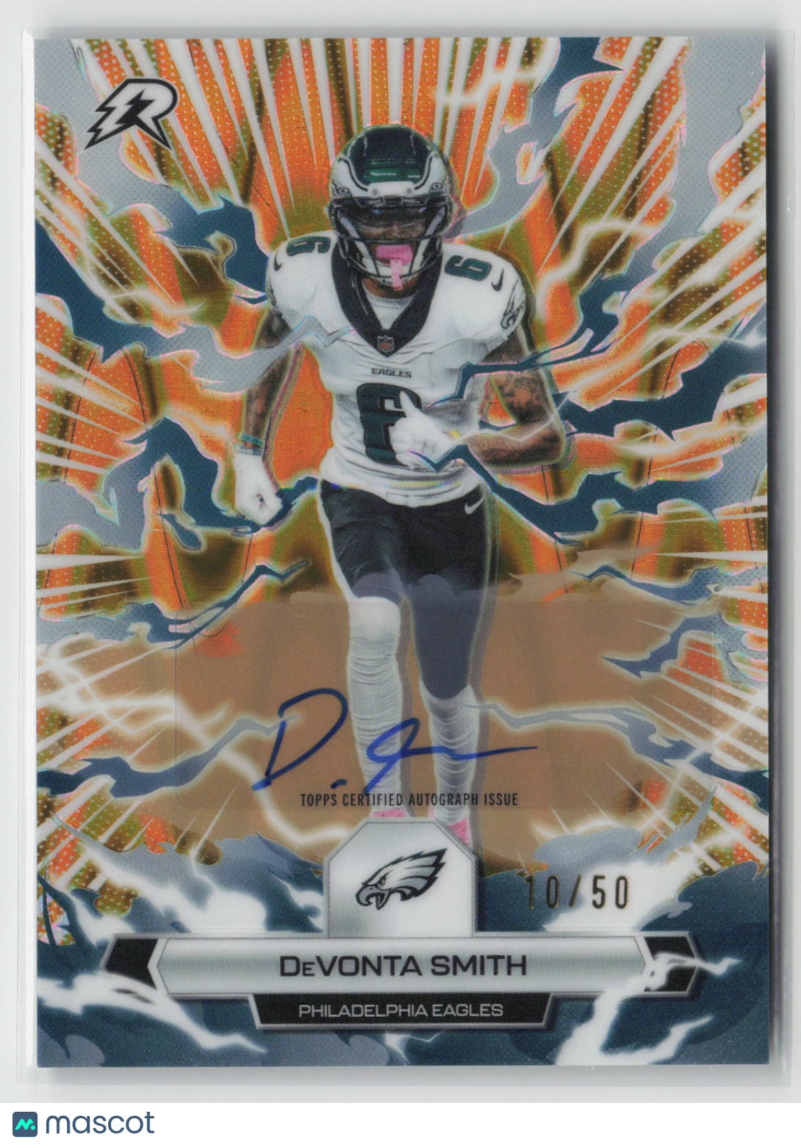 DeVonta Smith 2025 Topps Resurgence Signatures Gold Power Surge Refractor 81 /50