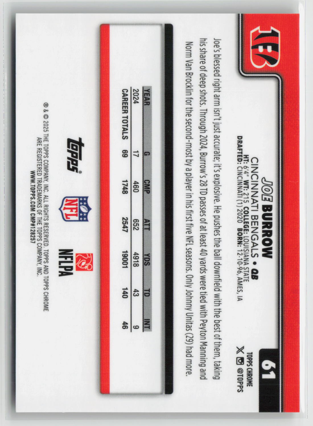 Joe Burrow 2025 Topps Chrome Football Leather Gold #61 10/50