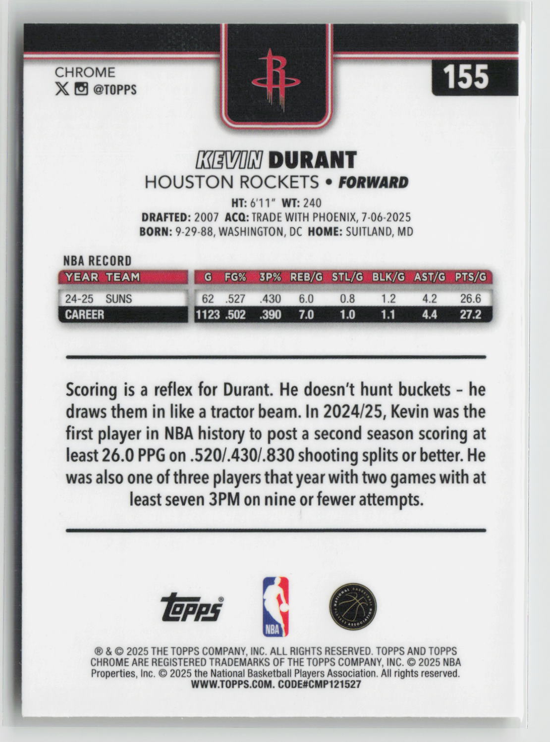 Kevin Durant 2025-26 Topps Chrome Yellow Refractor #155 097/275