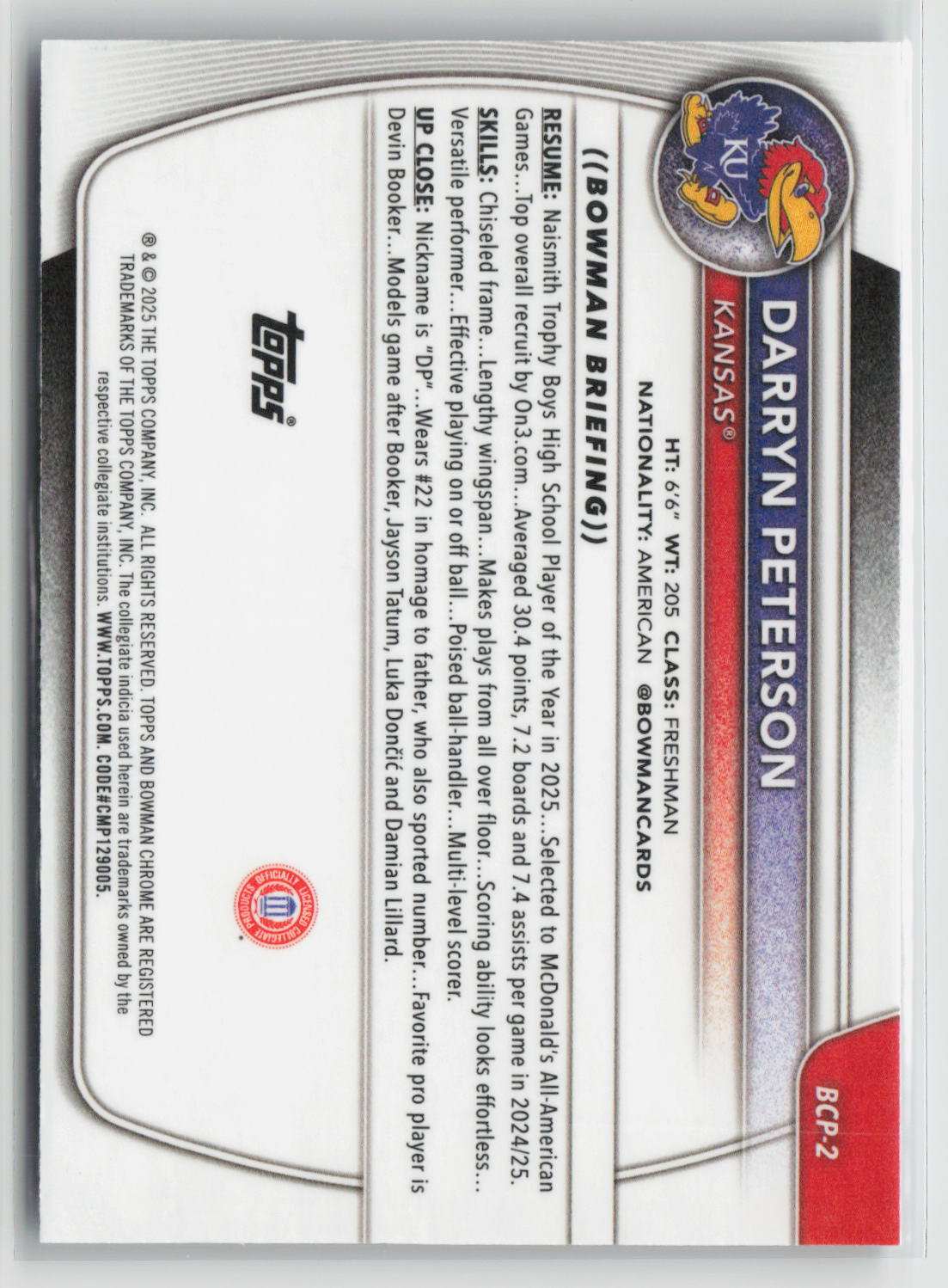 Darryn Peterson 2025-26 Bowman Chrome Prospects Purple Mojo #BCP-2 120/250
