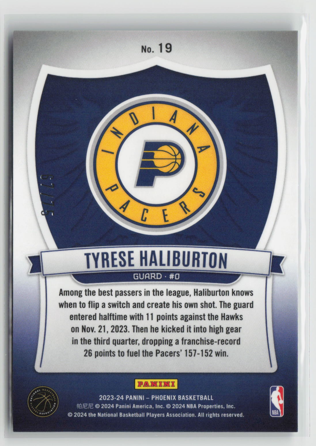 Tyrese Haliburton 2023-24 Panini Phoenix Crusade Purple #19 67/75