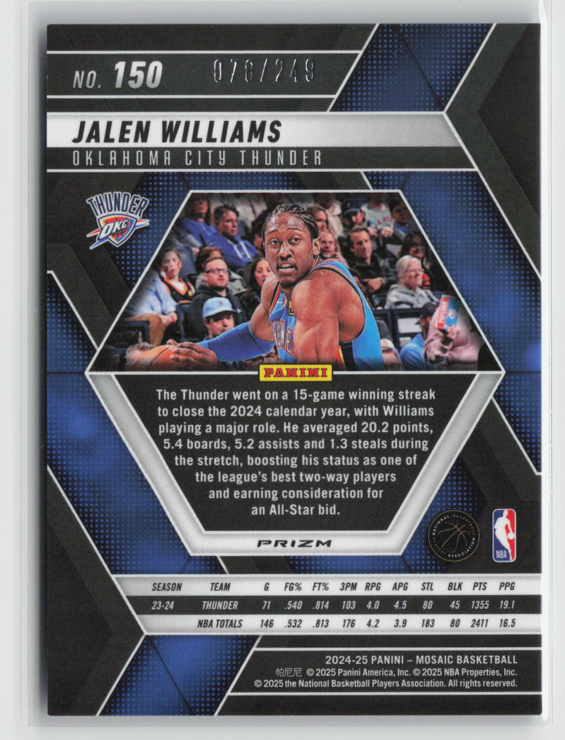 Jalen Williams 2024-25 Panini Mosaic Purple Fluorescent #150 078/249