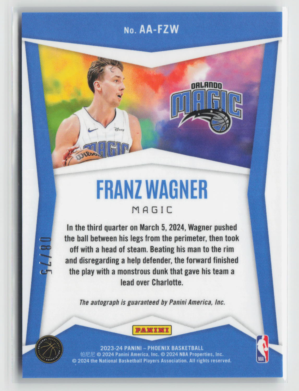Franz Wagner 2023-244 Panini Phoenix Ascension Autographs Purple #AA-FZW 08/75