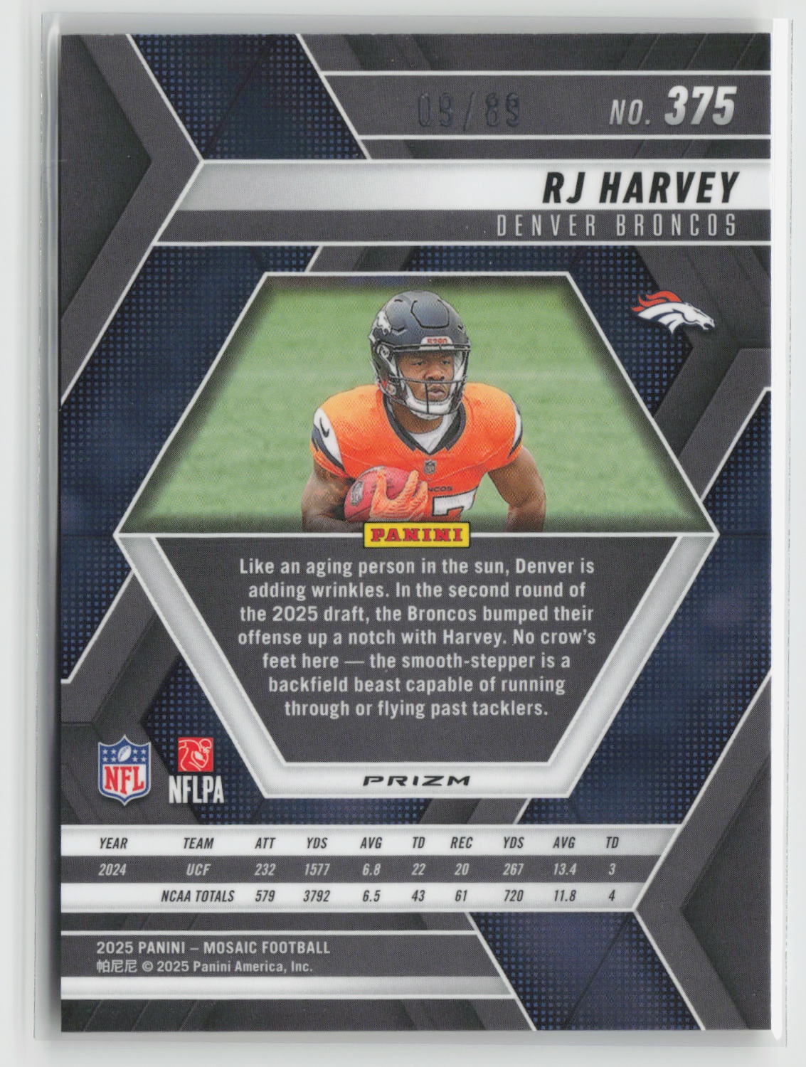 RJ Harvey 2025 Panini Mosaic Choice Red & Yellow #375 09/89