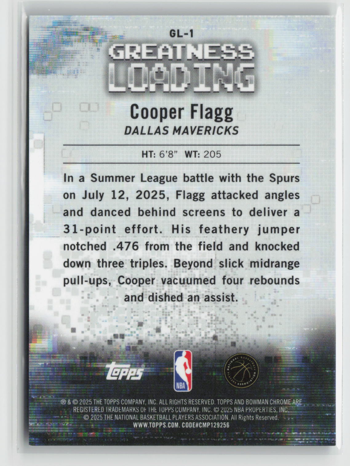 Cooper Flagg 2025-26 Bowman Greatness Loading Purple Refractor #GL-1 181/250