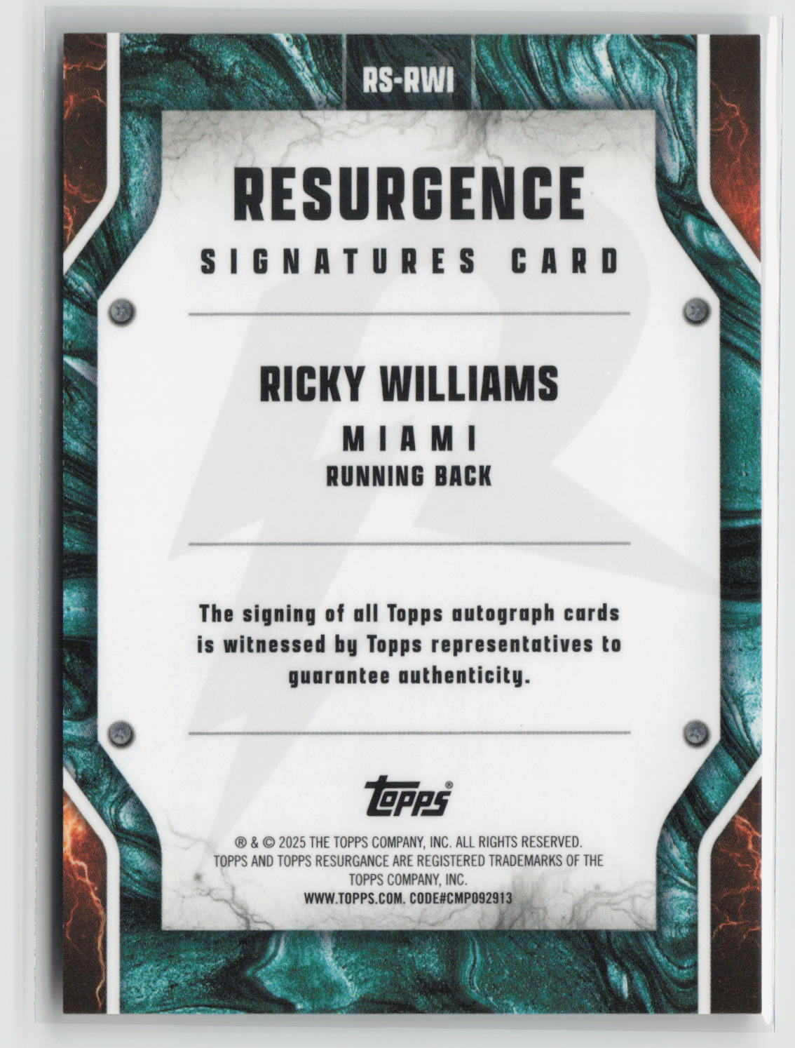 Ricky Williams 2024 Topps Resurgence Signatures Orange Power Surge #RS-RWI