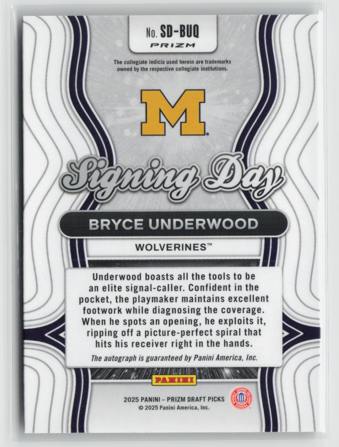 Bryce Underwood 2025 Panini Prizm Draft Picks Signing Day Silver Prizm #SD-BUQ