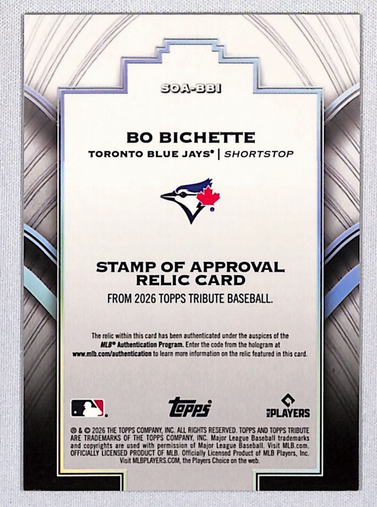 Bo Bichette 2026 Topps Tribute Stamp of Approval Relic #SOA-BBI 189/199