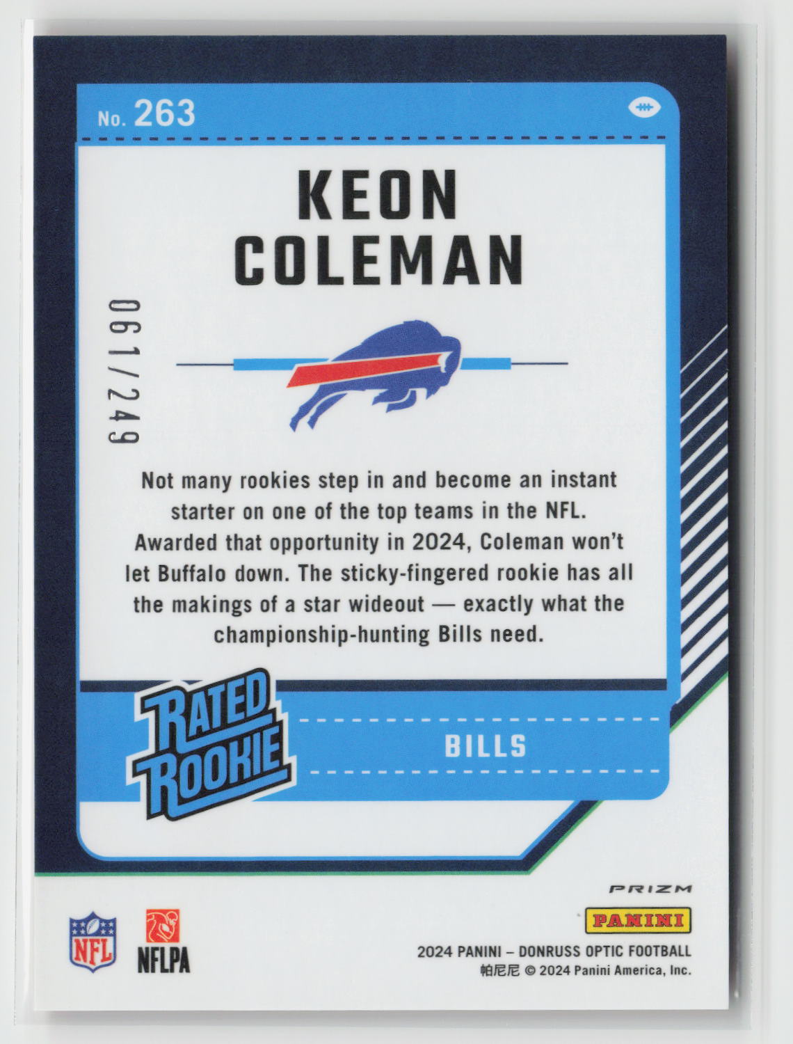 Keon Coleman 2024 Panini Donruss Optic Football Orange #263 61/249