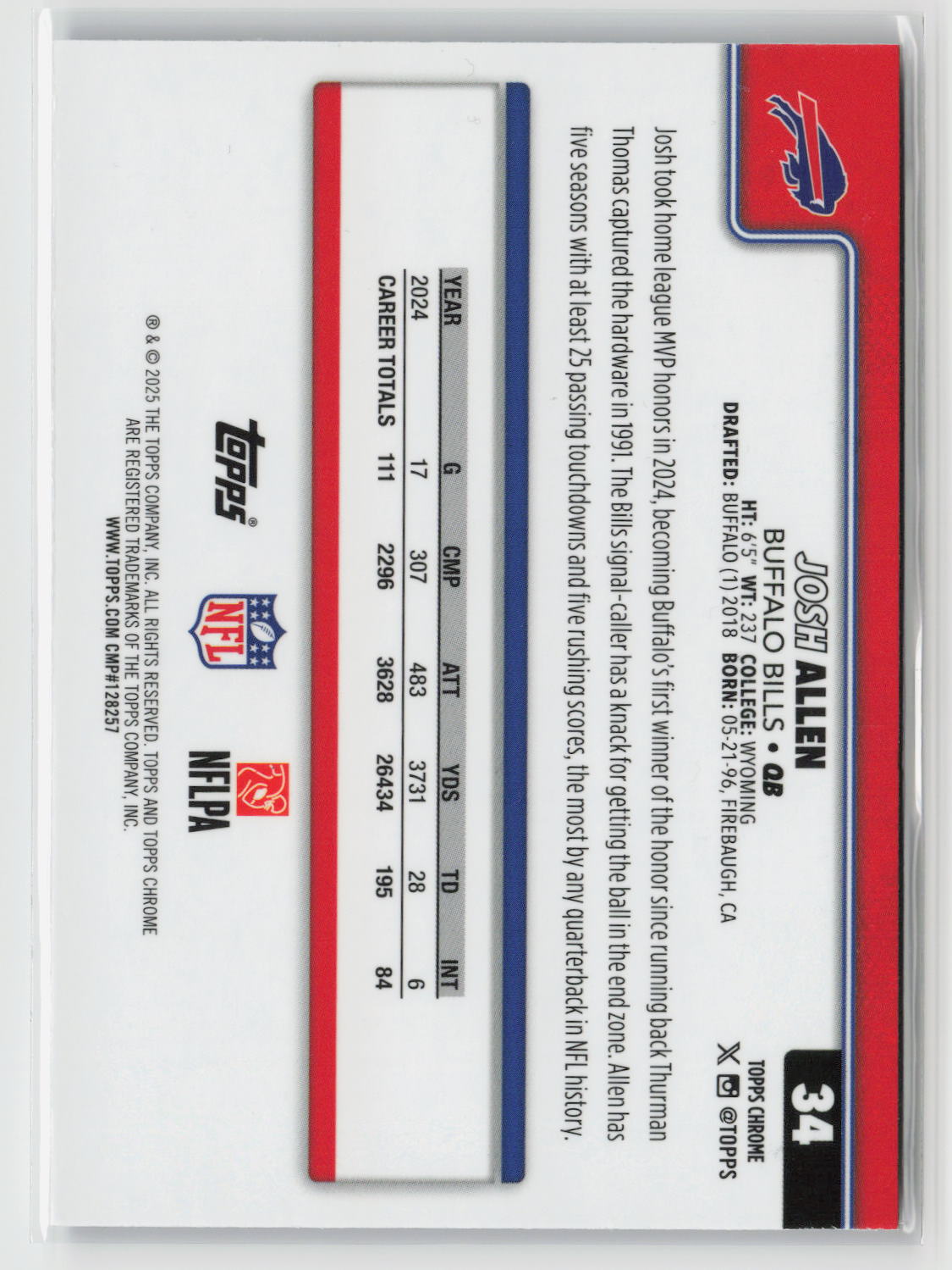 Josh Allen 2025 Topps Chrome Purple #34 12/75