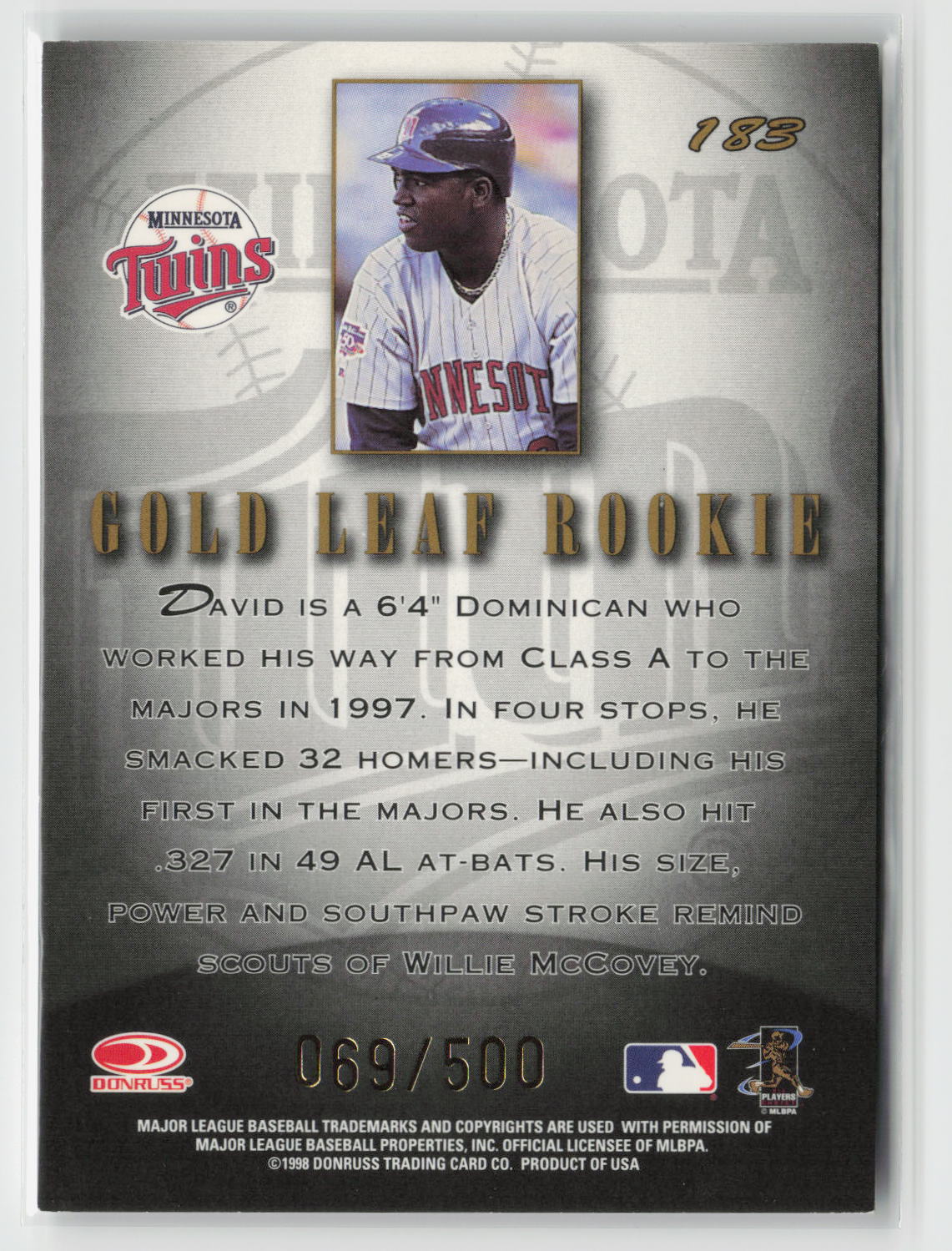 David Ortiz 1998 Donruss Leaf Fractal Materials Gold #183 069/500