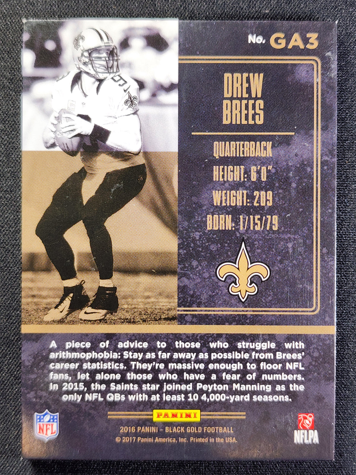 Drew Brees 2016 Panini Black Gold Golden Arms #GA3 /225