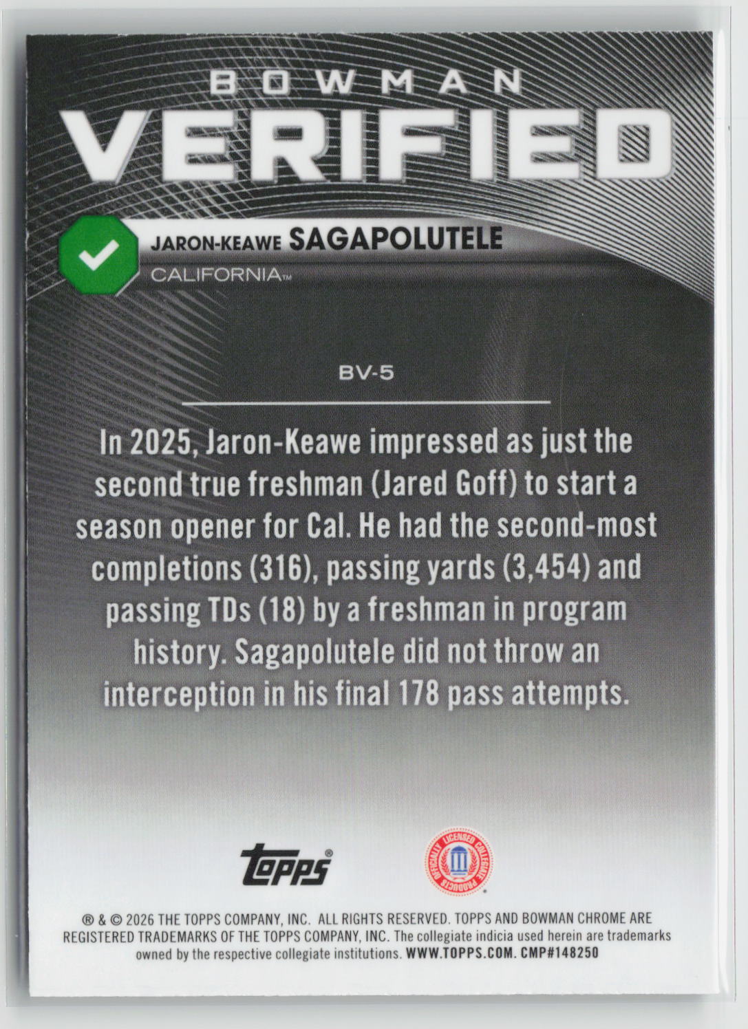 Jaron-Keawe Sagapolutele 2026 Bowman Chrome U Verified Aqua Refr #BV-5 150/199