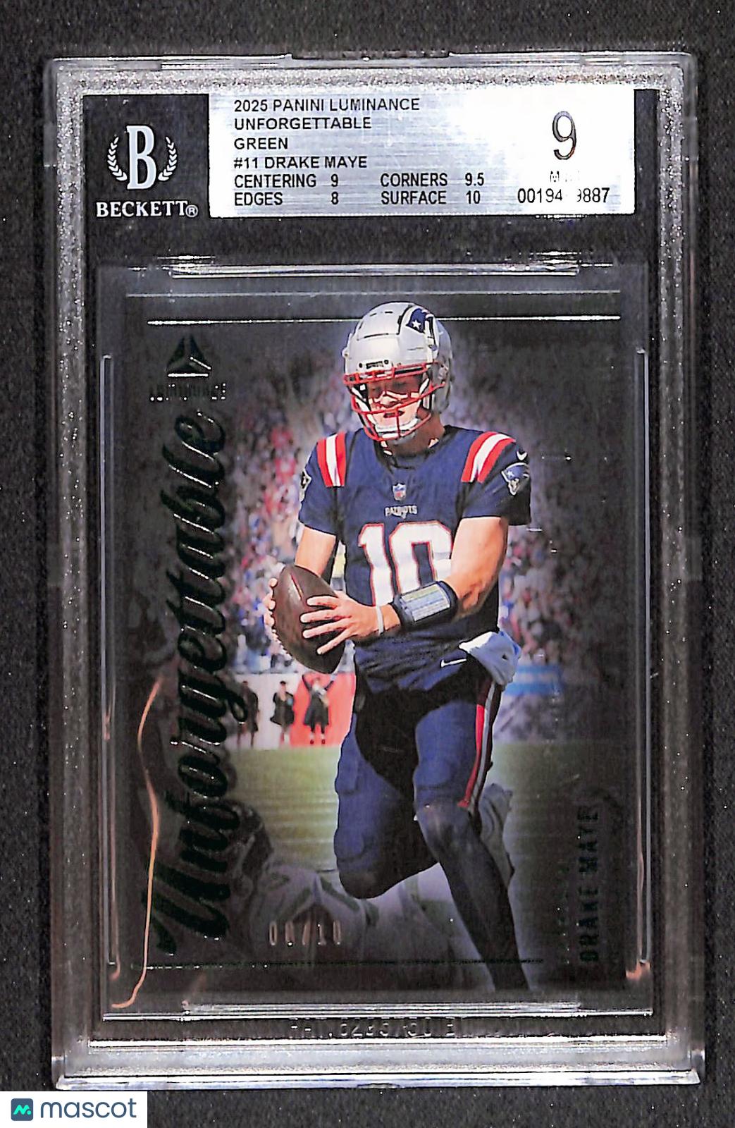 Drake Maye 2025 Panini Luminance Unforgettable Green #11 #/10 BGS 9.0