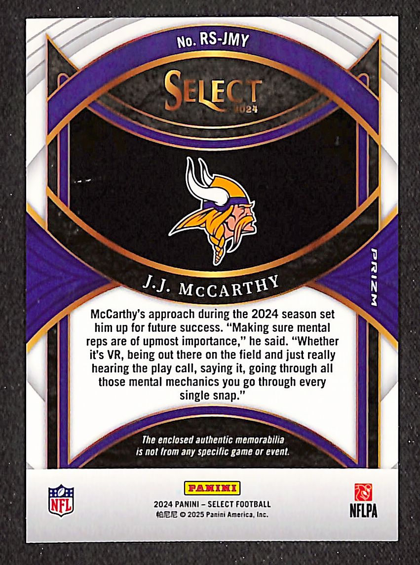 J.J. McCarthy 2024 Panini Select Rookie Swatches Red Prizm #RS-JJY