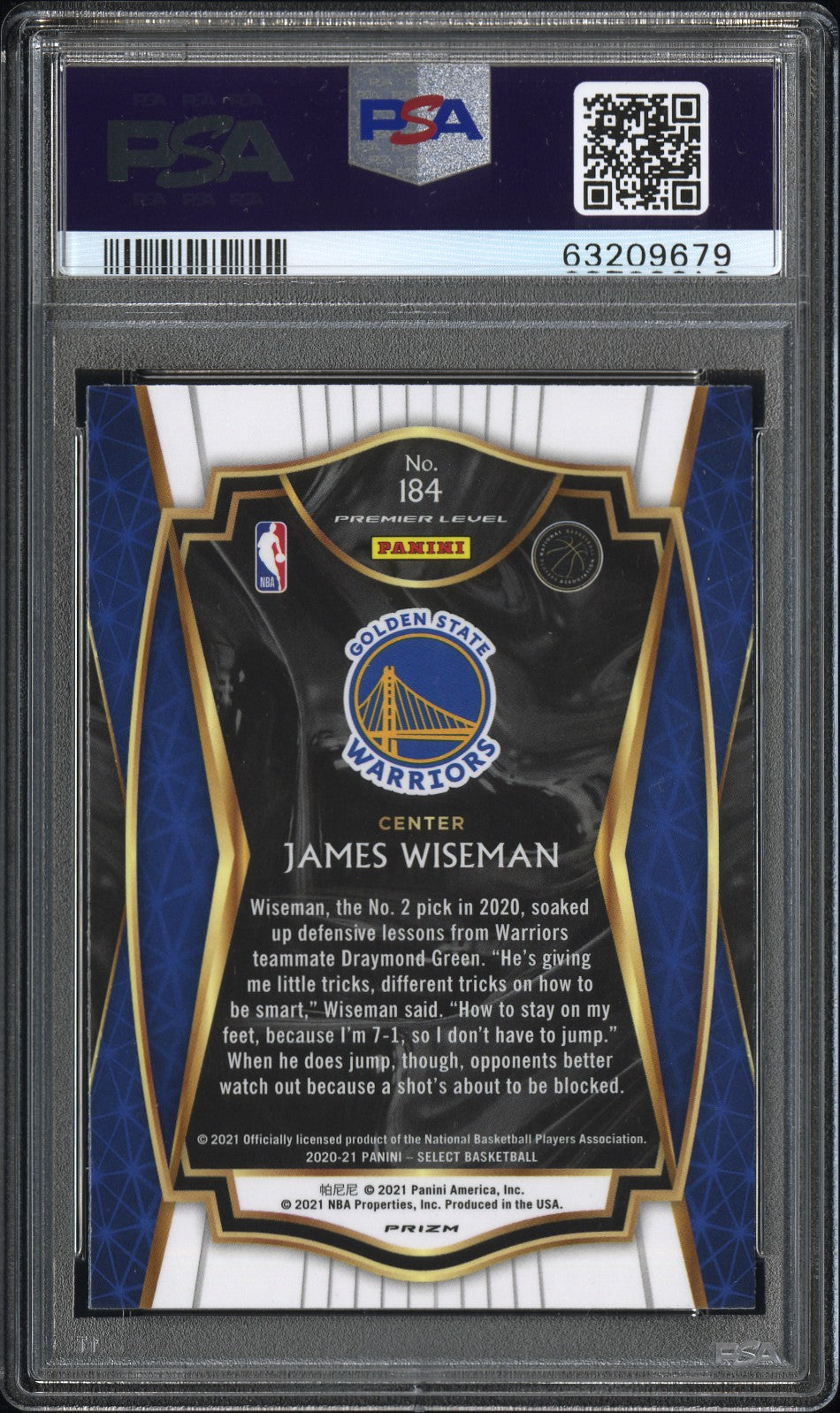 James Wiseman 2020-21 Panini Select Elephant Prizms #184 PSA 9
