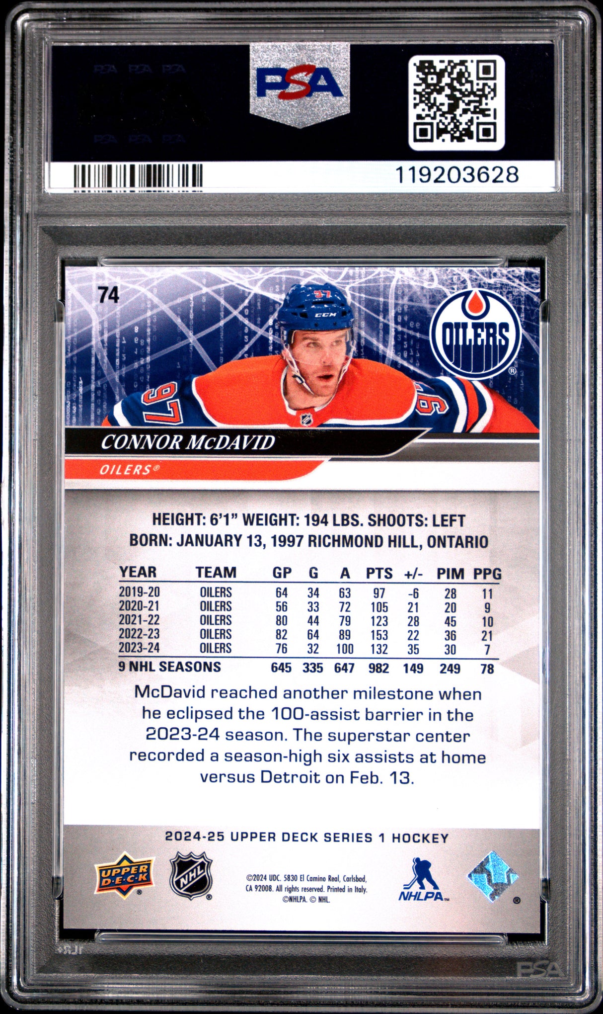 Connor McDavid 2024-25 Upper Deck UD Exclusives #74 #/100 PSA 8