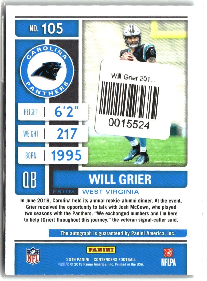 Will Grier 2019 Panini Contenders Championship Ticket #105 #/25