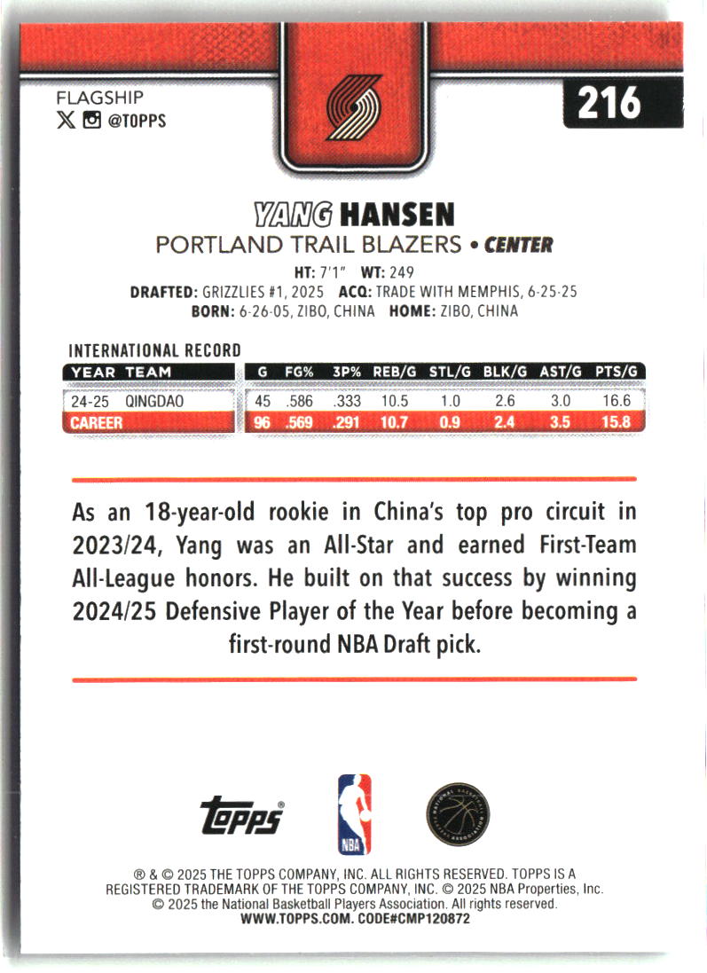 Yang Hansen 2025-26 Topps #216