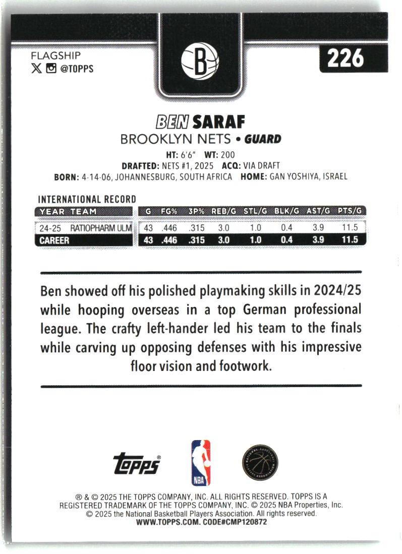 Ben Saraf 2025-26 Topps #226