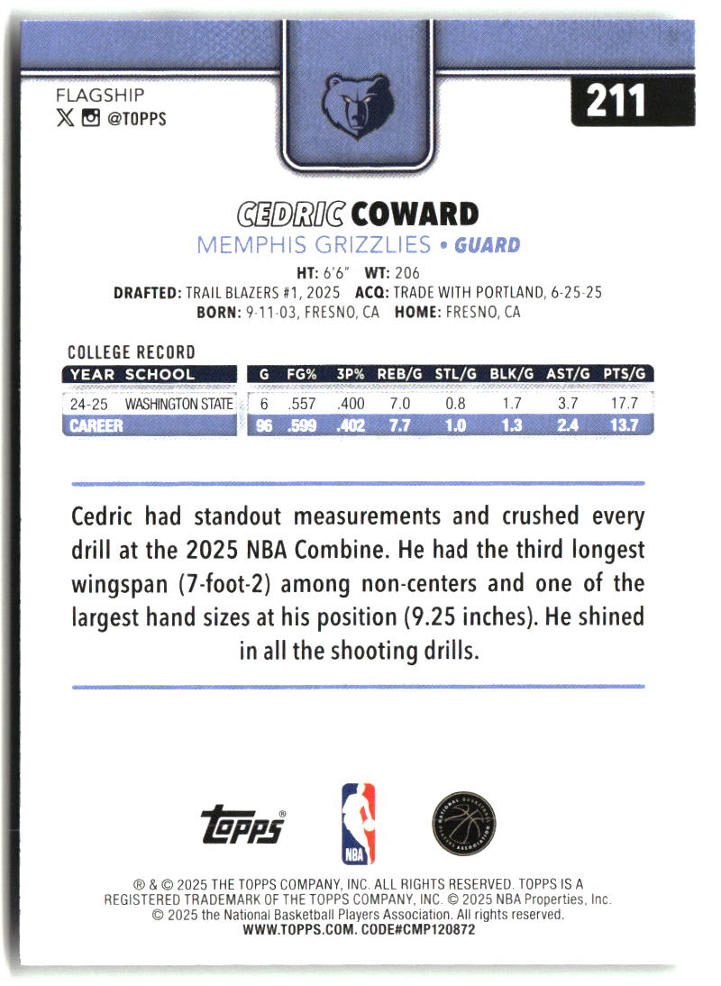 Cedric Coward 2025-26 Topps #211