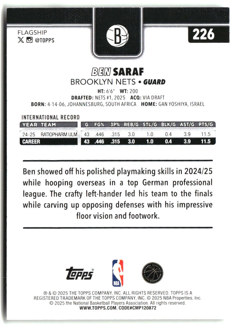 Ben Saraf 2025-26 Topps #226