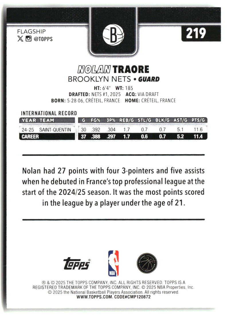 Nolan Traore 2025-26 Topps #219