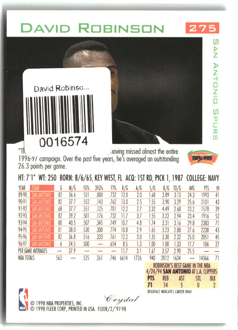 David Robinson 1997-98 Fleer Traditions Crystal #275