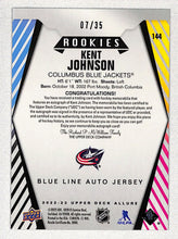 Load image into Gallery viewer, Kent Johnson 2022-23 Upper Deck Allure Auto Mem Blue Line #144 #/35