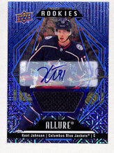 Load image into Gallery viewer, Kent Johnson 2022-23 Upper Deck Allure Auto Mem Blue Line #144 #/35