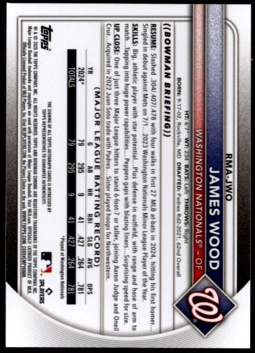 James Wood 2025 Bowman Chrome Rookie Autographs Mojo Refractor #RMA-JWO #/99