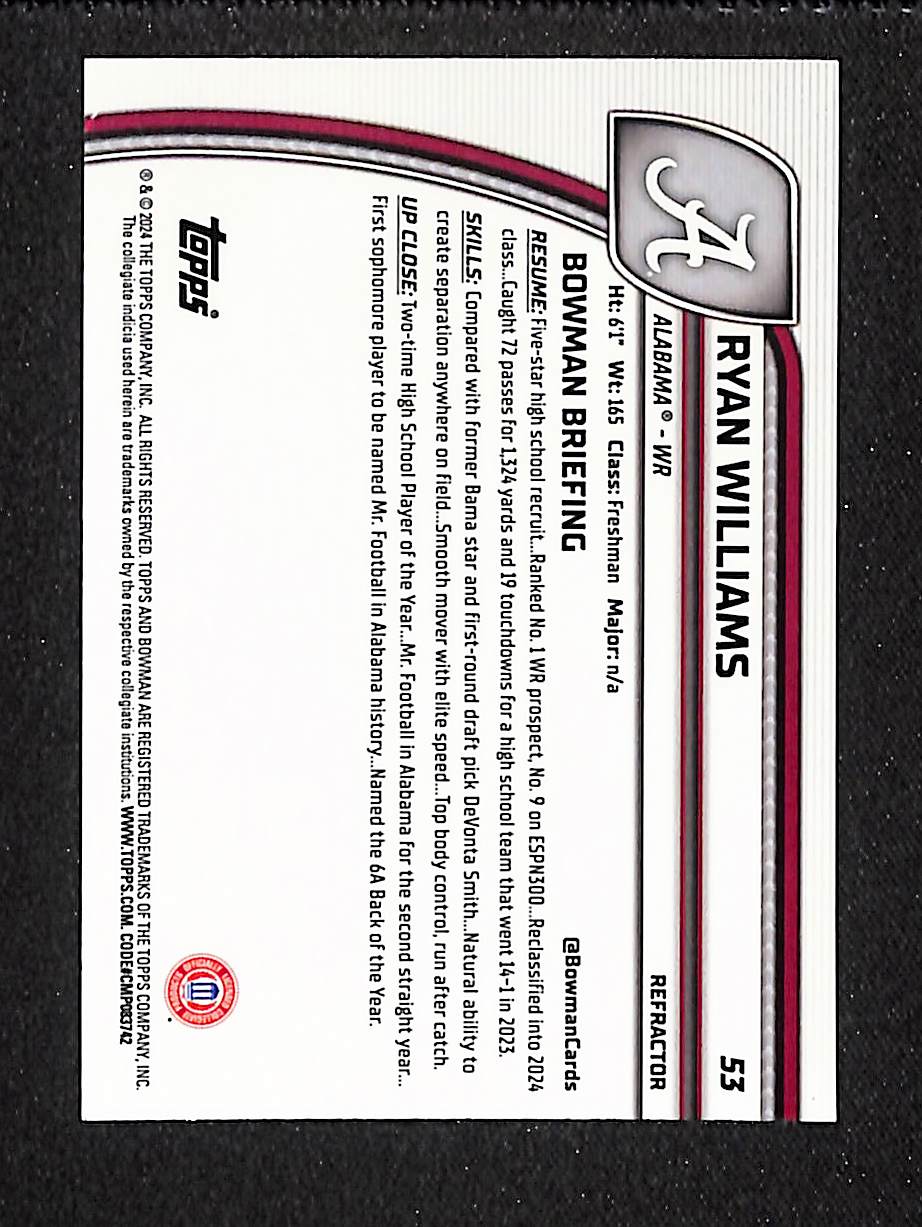 Ryan Williams 2024 Bowman University Chrome Refractor #53