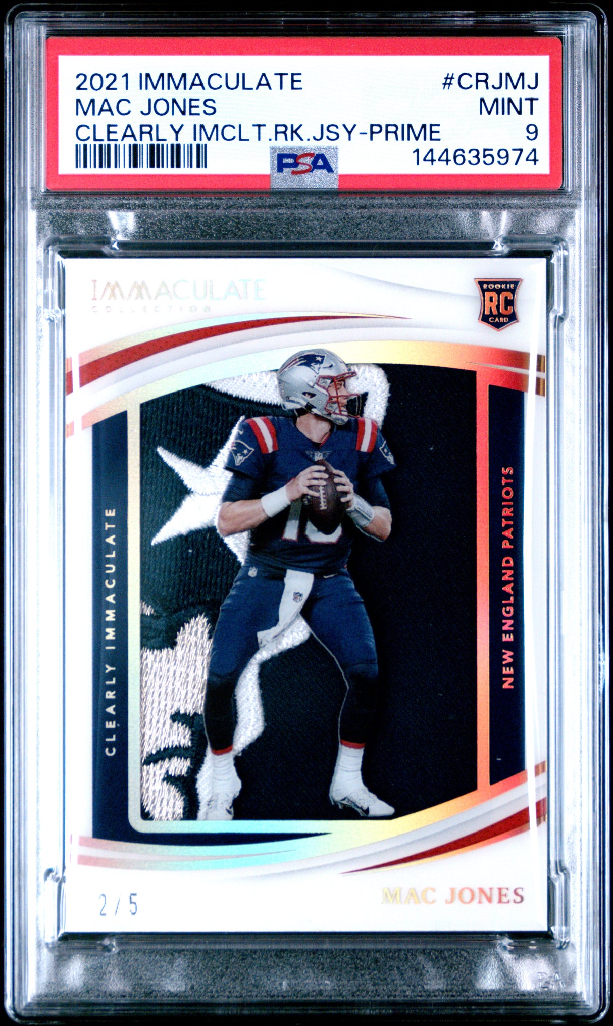 Mac Jones 2021 Clearly Immaculate Rookie Jerseys Prime #CRJ-MJ #/5 PSA 9