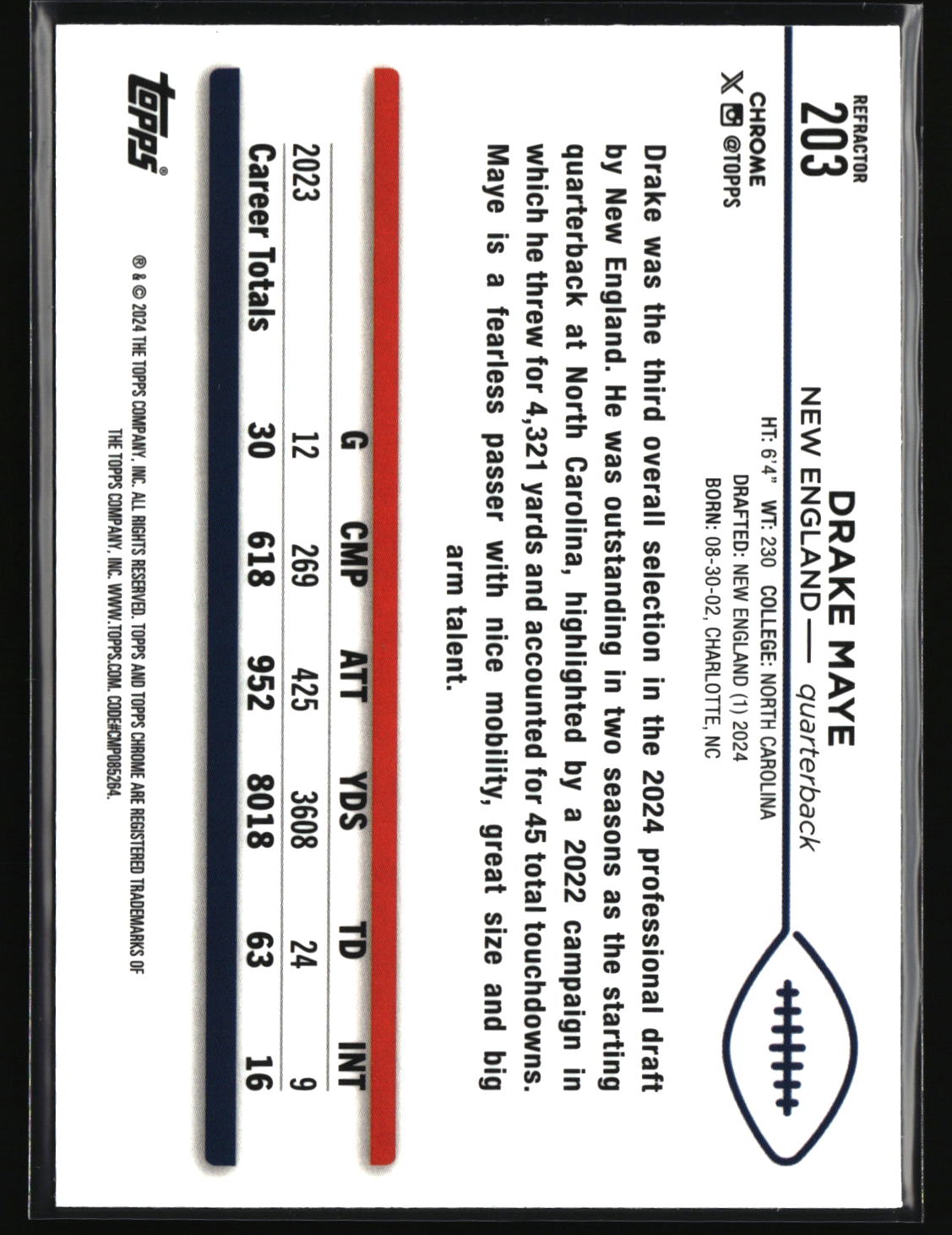 Drake Maye 2024 Topps Chrome Refractor #203