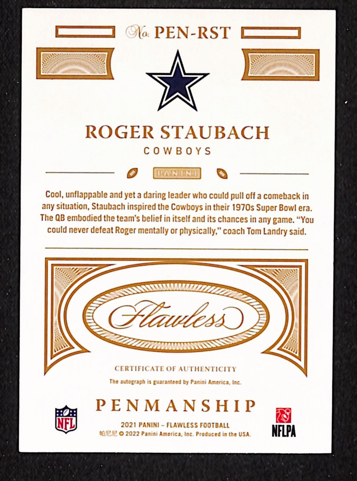 Roger Staubach 2021 Panini Flawless Flawless Penmanship Sapphire #PEN-RST #/10